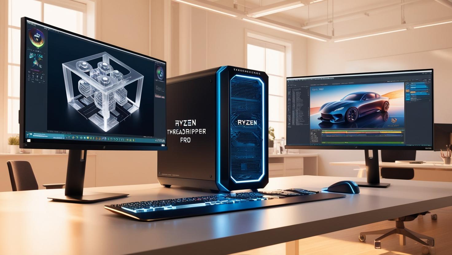 High-end desktop labeled 'Ryzen Threadripper PRO' in a creative studio